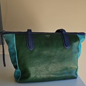 Rare Fossil Green and Blue Cowhide Leather Tote Bag